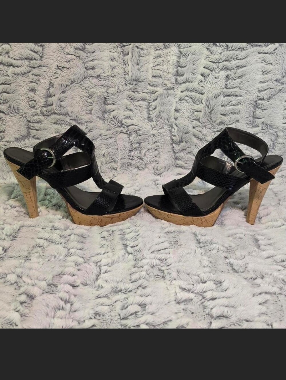 Y2K Black Snake-Texture Strappy High Heels With Thick Ankle Buckle.